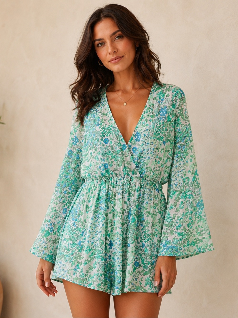 Zara Light Blue & Green Floral Wrap Romper